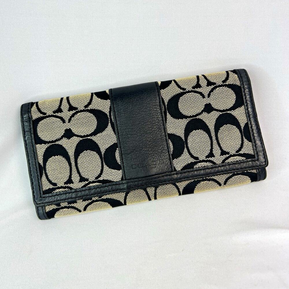 COACH Black Beige Signature Logo Long Flap Wallet Credit Card Slots Women